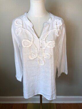 Choices White Linen Tunic Blouse With Textured Ribbon Detail 3/4 Sleeves Size M